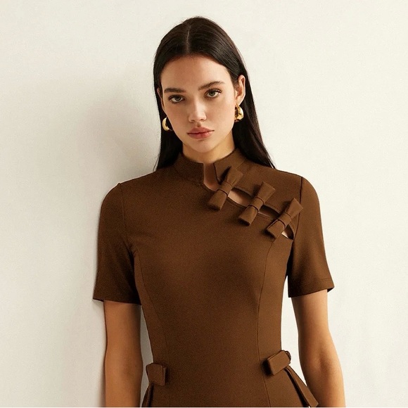 Commense Brown Mini Dress with Short Sleeves and Bow Accents - Picture 9 of 10